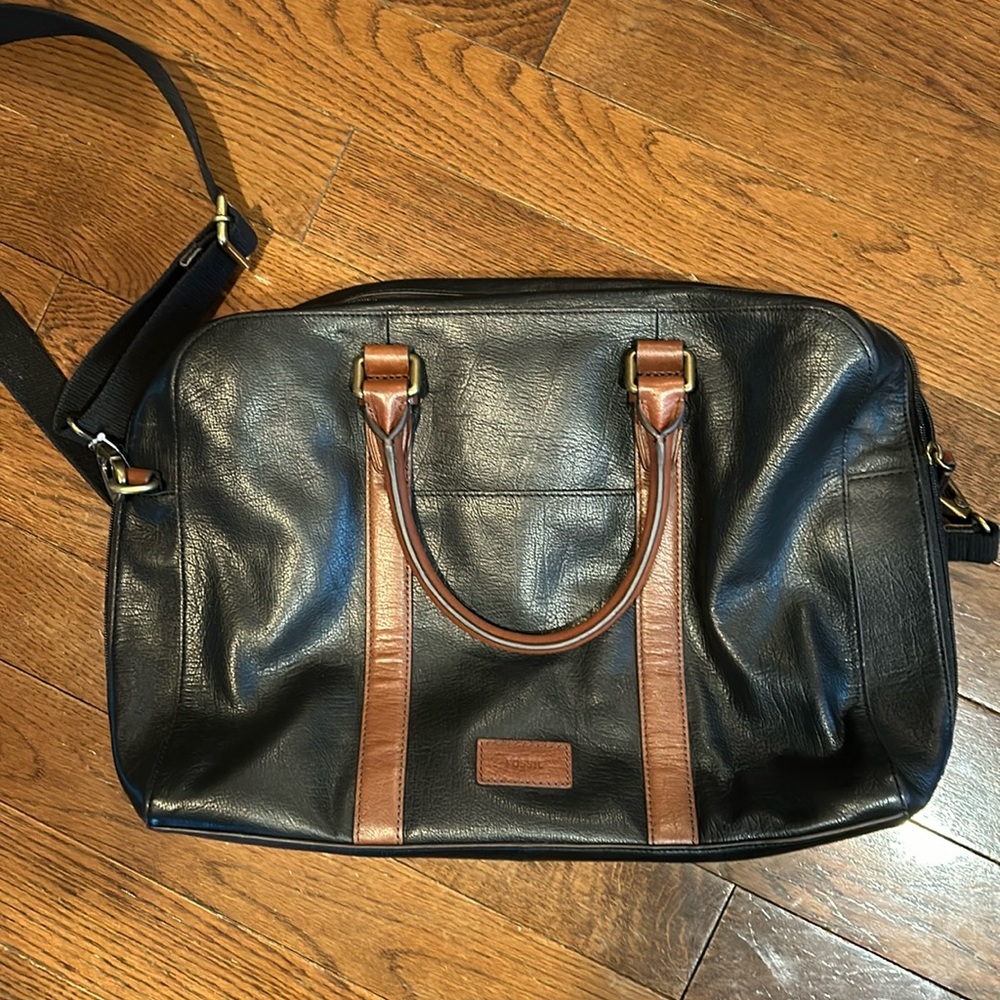 Unisex Fossil Leather Briefcase - Black/Brown- Excellent Condition